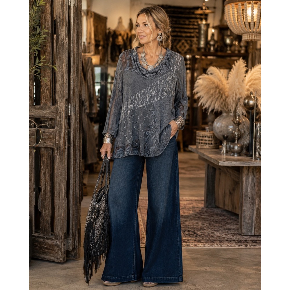 Womens Boho Artsy Lagenlook Mixed Media Lace Velvet Cowl Neck Tunic Top Blue XL